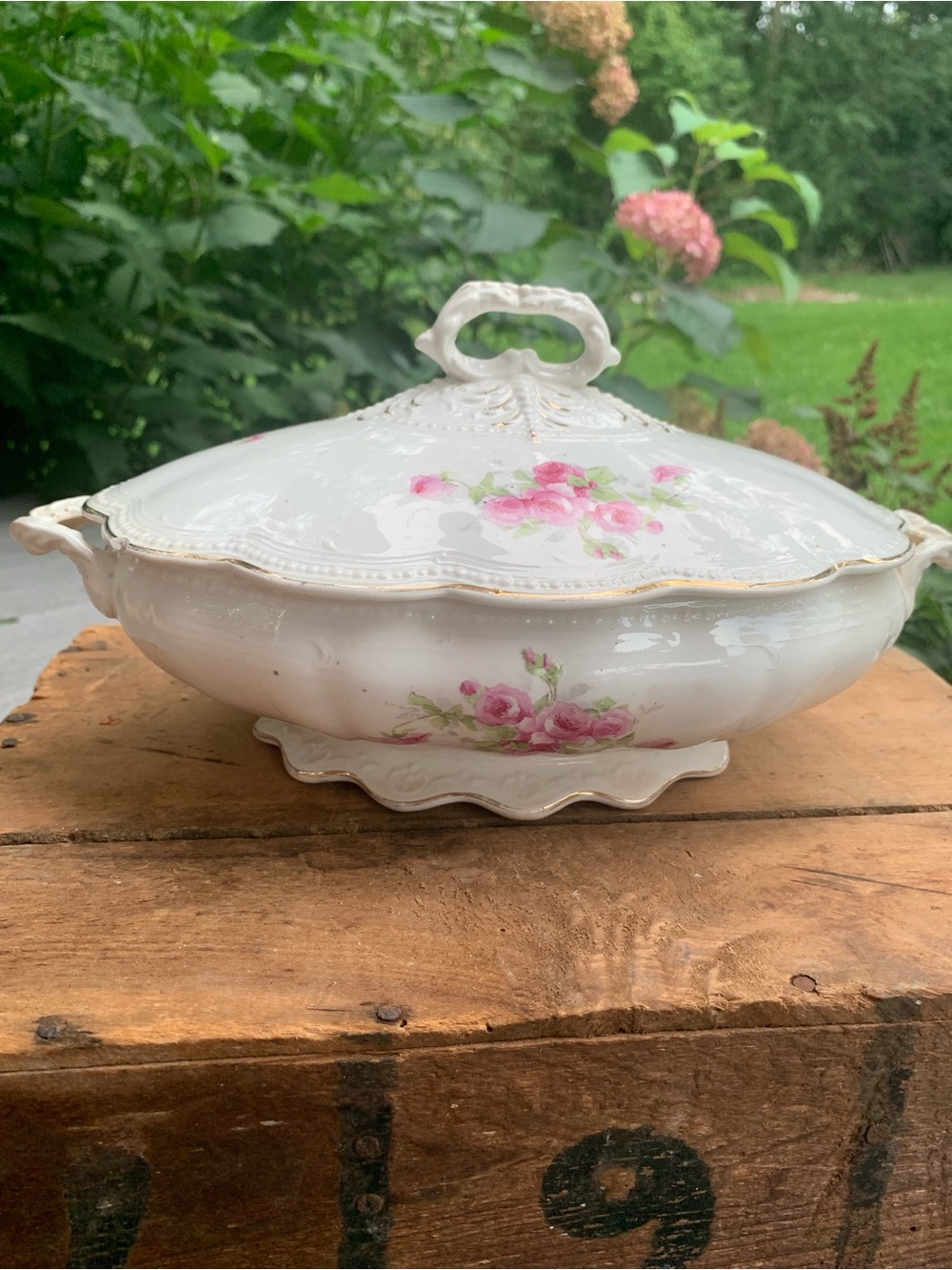Vtg Porcelain Covered Serving Dish with Pink Rose Motif